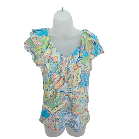 Lauren Ralph Lauren Short Sleeve Multi Color Paisley Ruffle V Neck T- Shirt Sz M - Picture 1 of 12